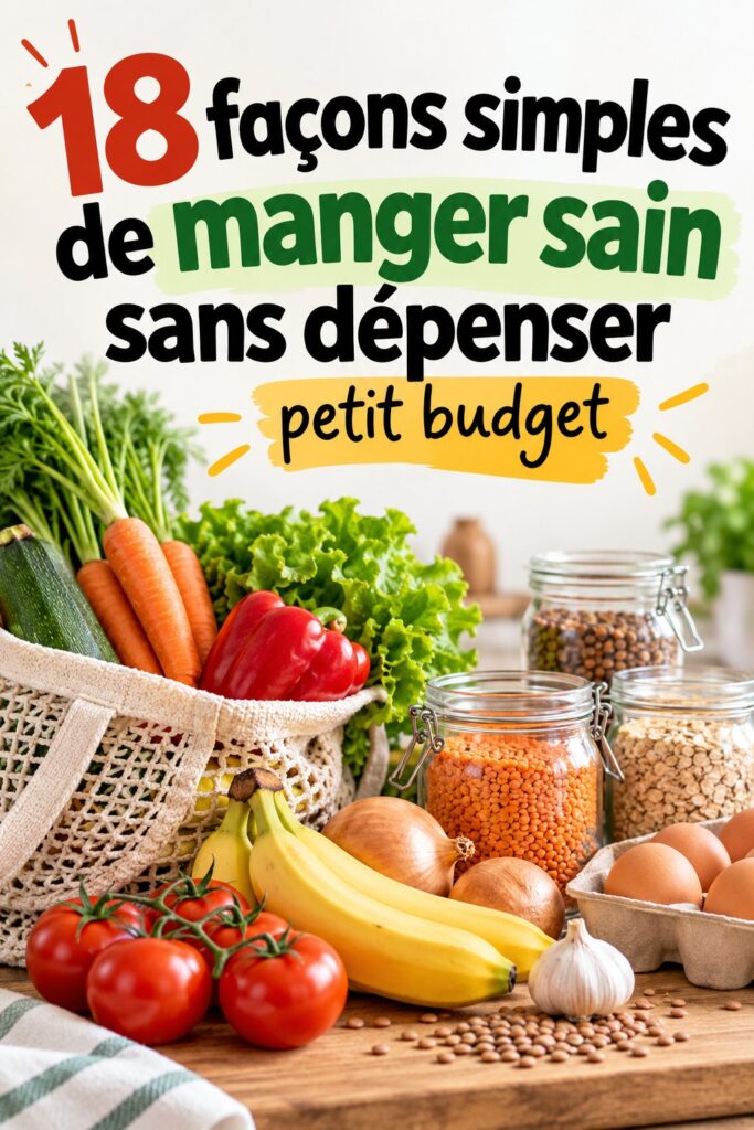 Femme souriante préparant un repas sain à la maison avec des ingrédients frais et abordables.