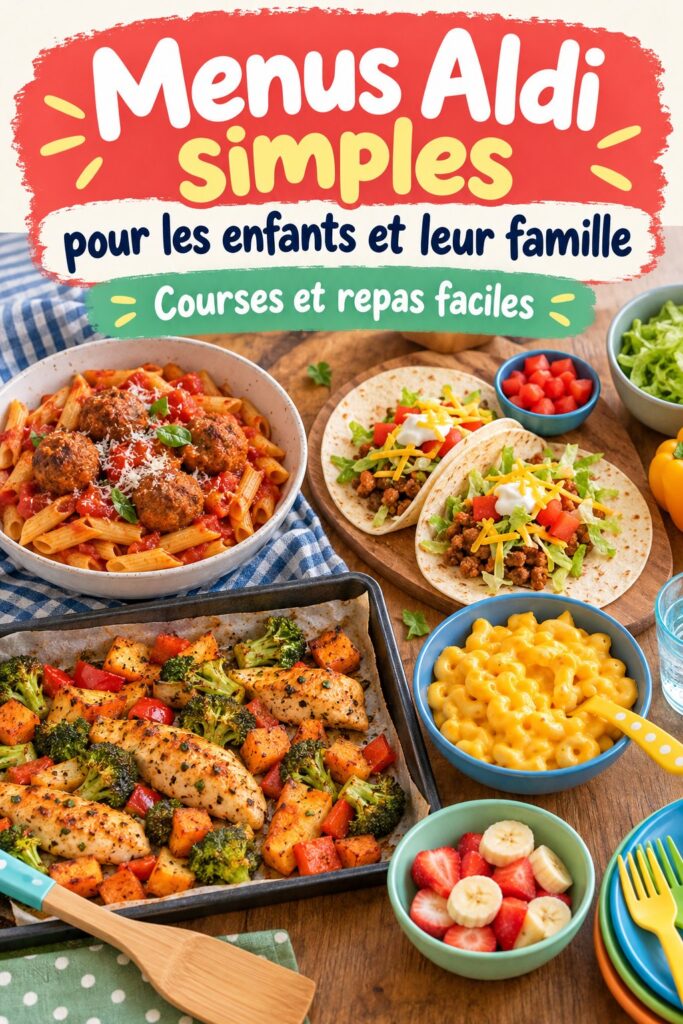 Repas familiaux simples et savoureux avec ingrédients Aldi en arrière-plan.