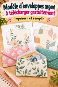 Modèle d'enveloppes budgétaires gratuites sur une table avec des pièces de monnaie.