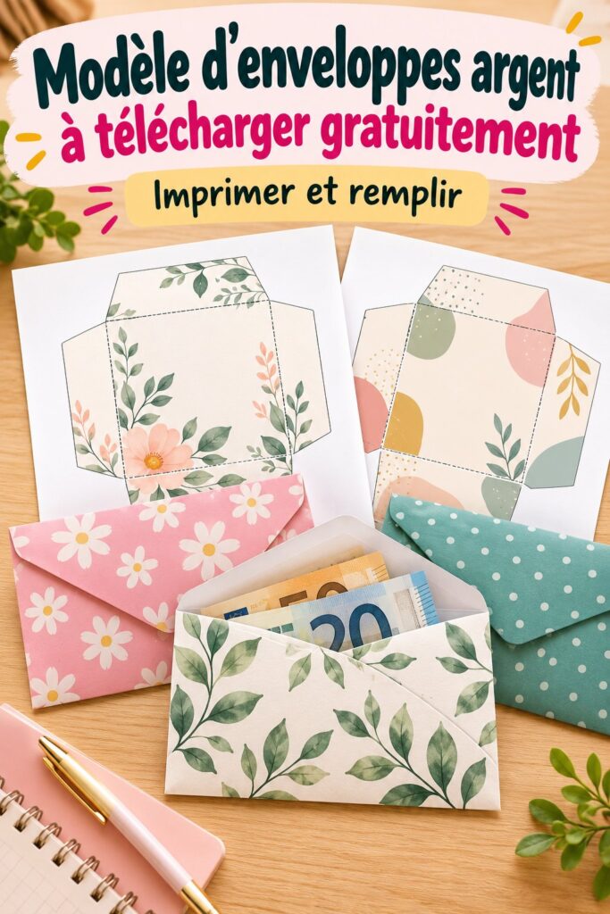 Modèle d'enveloppes budgétaires gratuites sur une table avec des pièces de monnaie.