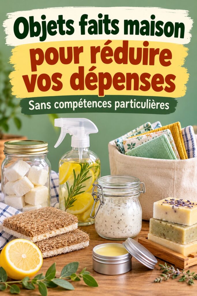 Objets faits maison alignés sur une table, mettant en avant l'économie et la créativité à domicile.