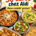 Image d'un panier de courses Aldi avec des aliments sains et économiques pour un plan de repas à 50 $.