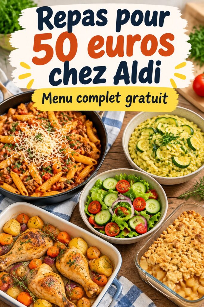 Image d'un panier de courses Aldi avec des aliments sains et économiques pour un plan de repas à 50 $.