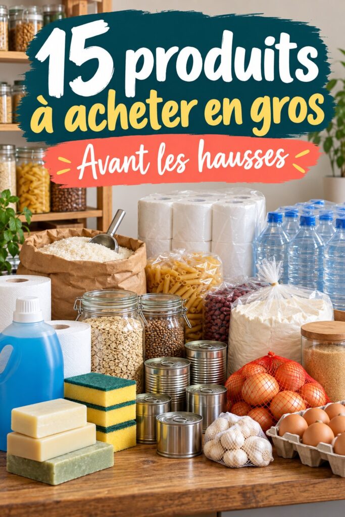 Vitrine d'une épicerie avec des produits en gros bien rangés.