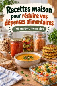Une table avec divers plats faits maison savoureux, symbolisant des recettes économiques