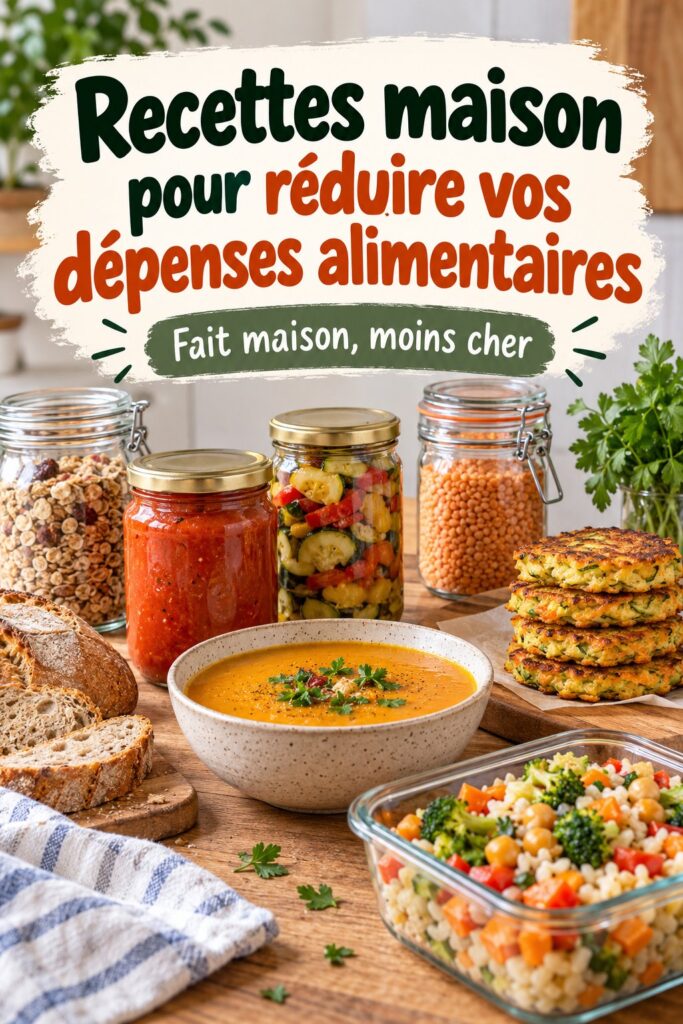 Une table avec divers plats faits maison savoureux, symbolisant des recettes économiques