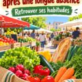Une femme souriante faisant ses courses au marché, remplissant son panier de fruits et légumes frais.