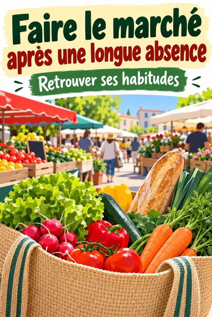 Une femme souriante faisant ses courses au marché, remplissant son panier de fruits et légumes frais.