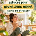 Une femme souriante examinant des produits en promotion dans un magasin, représentant la vie frugale.