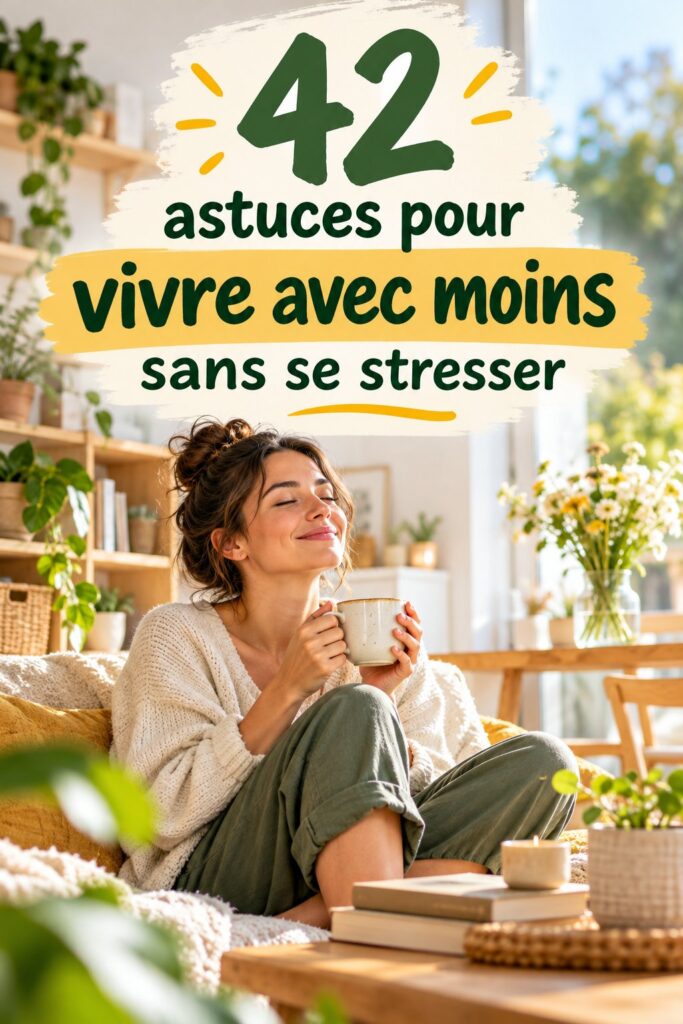 Une femme souriante examinant des produits en promotion dans un magasin, représentant la vie frugale.